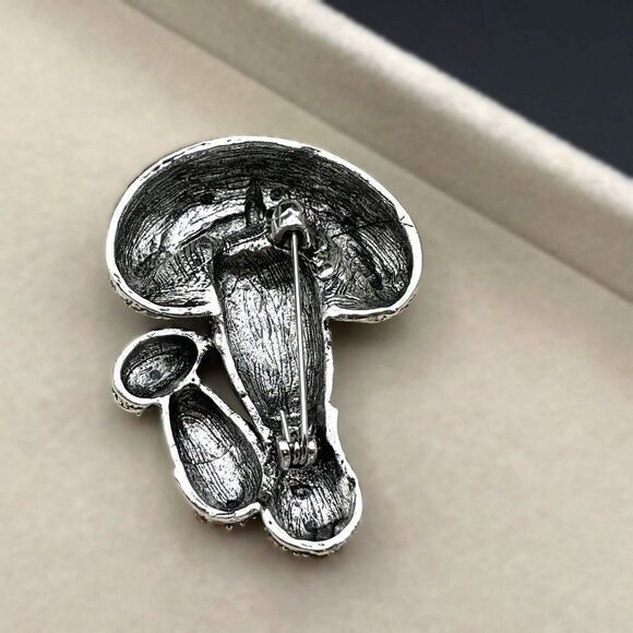 Silver with Emerald and Champagne Topaz Crystal Double Mushroom Pin Back Brooch - Picture 6 of 7
